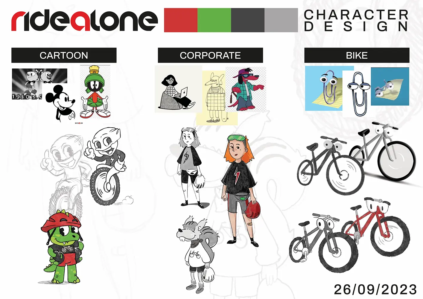 Presentation board showing the final mascot sketch proposals
